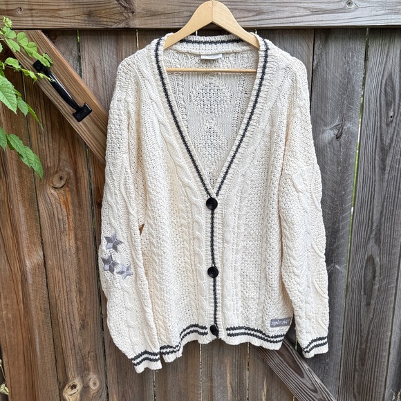 Official Taylor Swift Folklore Cream and Gray Cable Knit Cardigan Sweater